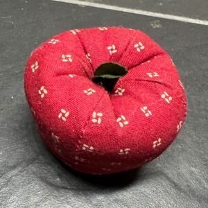 Vintage Red Apple Pincushion Calico Print Fabric Sewing Accessory with Leaf